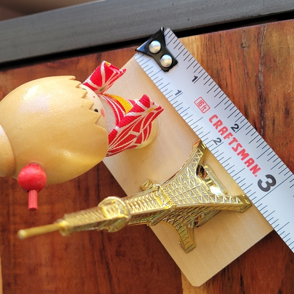 Open Box VTG Japanese kokeshi Doll Paired Miniature Eiffel Tower Wooden Base - Picture 7 of 8